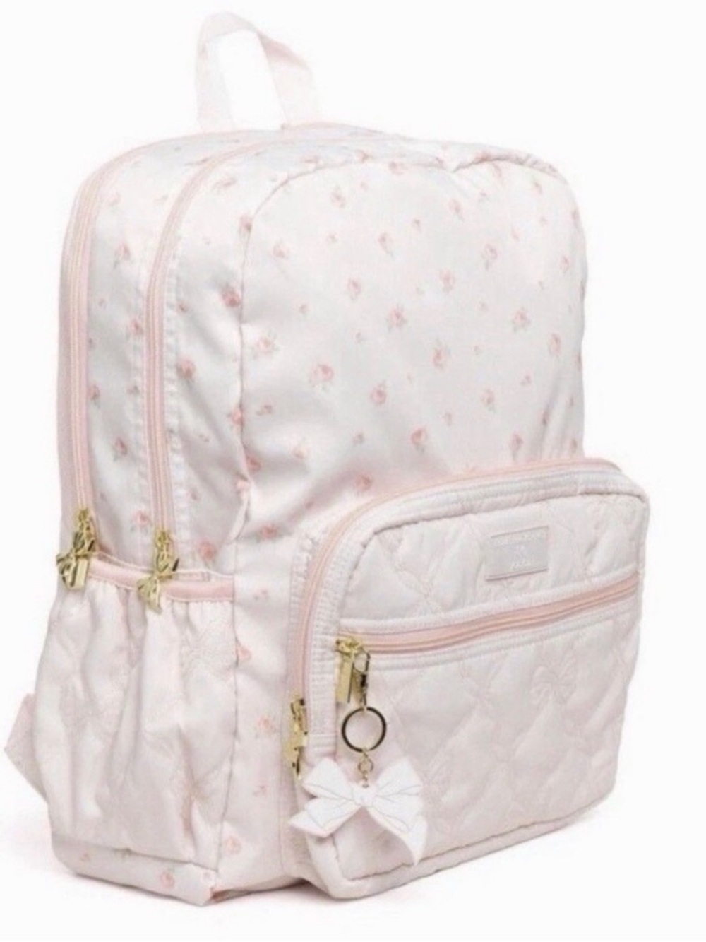 LoveShackFancy Light Pink Quilted Floral Backpack with Bow Charm